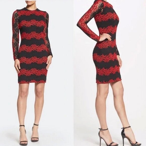 Dress The Population Black Garnet Red Morgan Long Sleeve Lace Dress - Picture 1 of 1